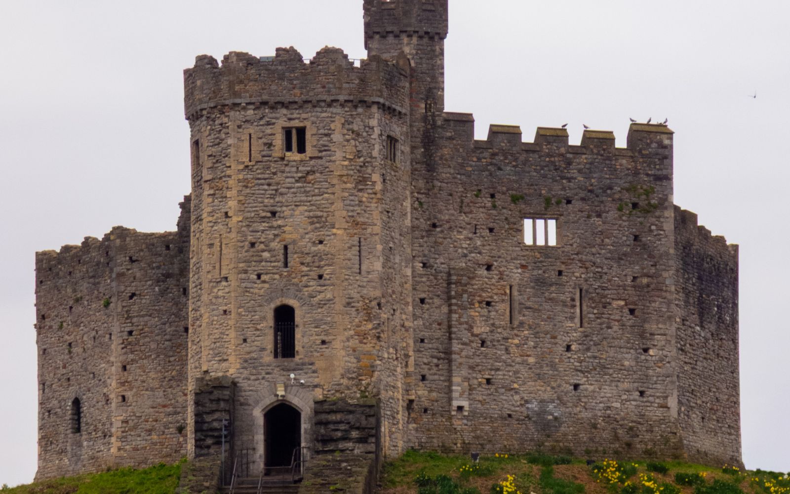 Cardiff Castle framed by spring flowers, Wales