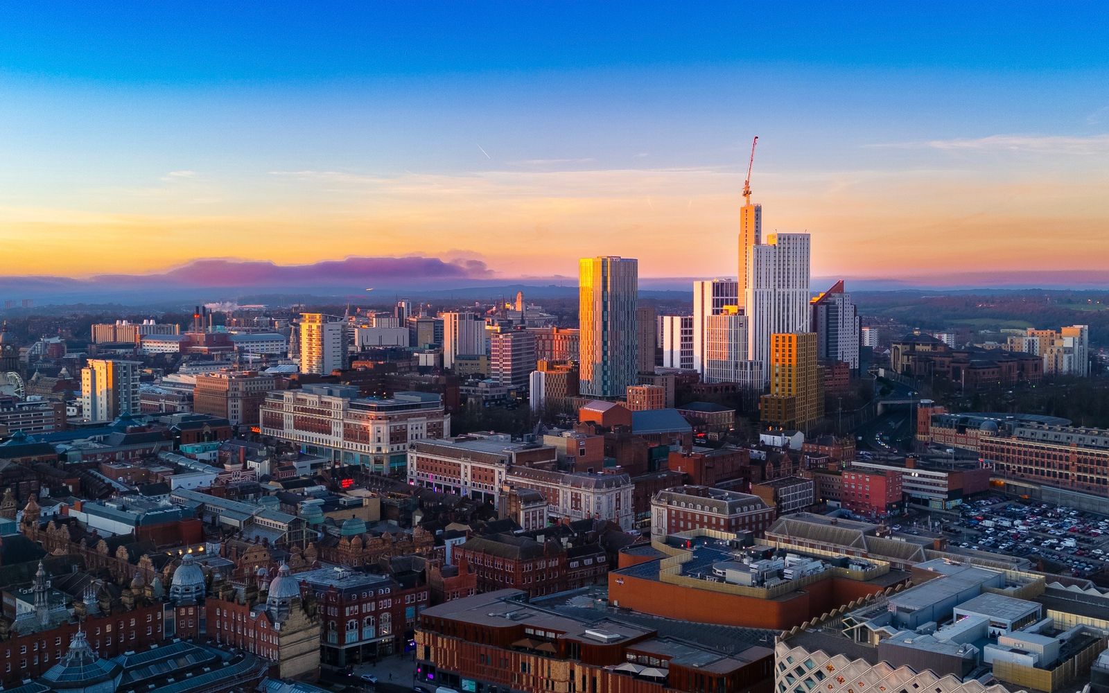 The Leeds skyline at sunset, England