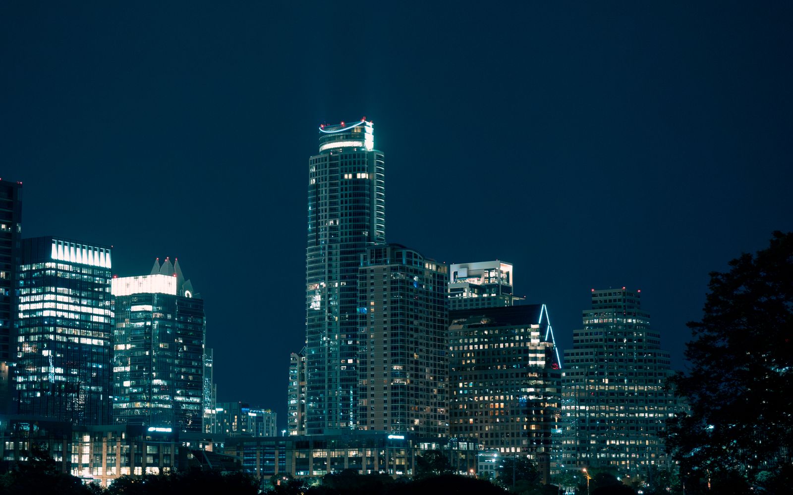 The illuminated Austin skyline at night, Texas