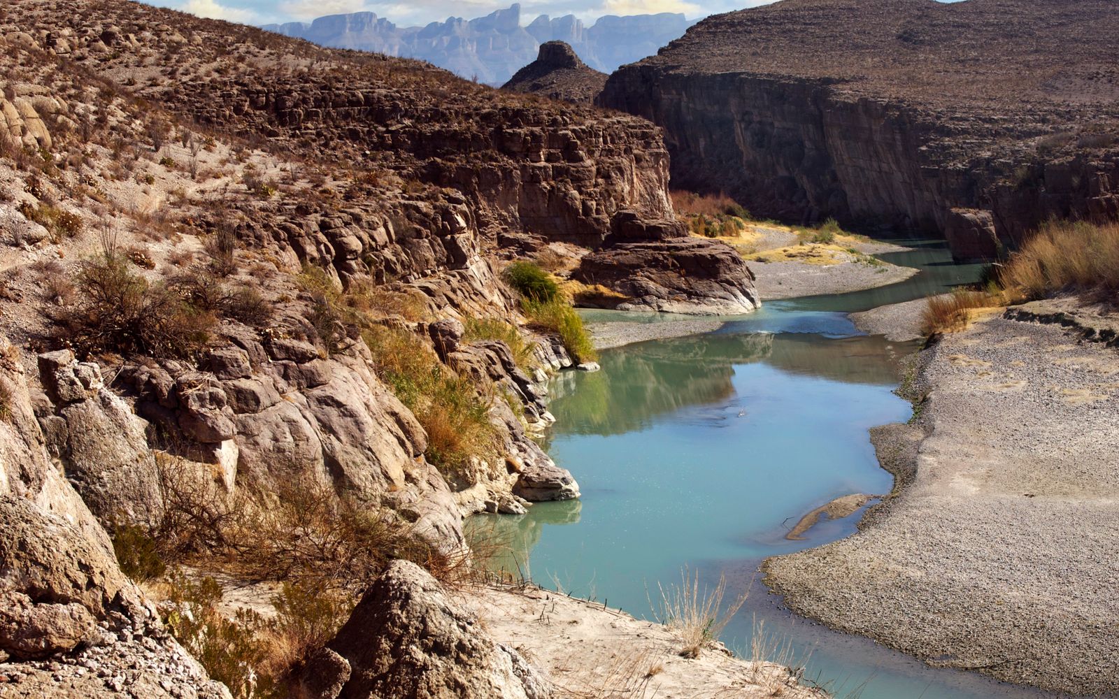 A turquoise river winding through a canyon in Big Bend, Texas