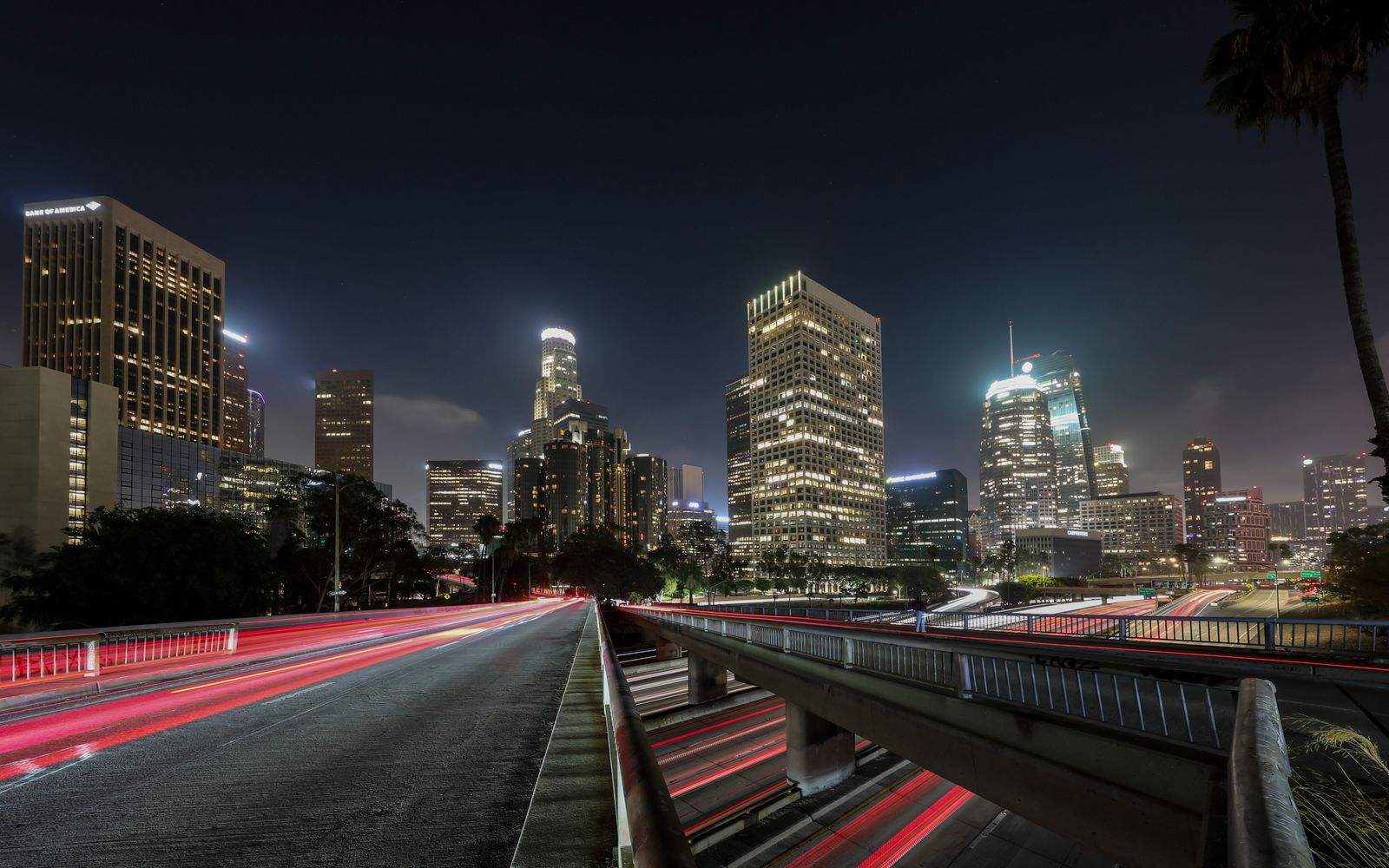 The downtown Los Angeles skyline at night