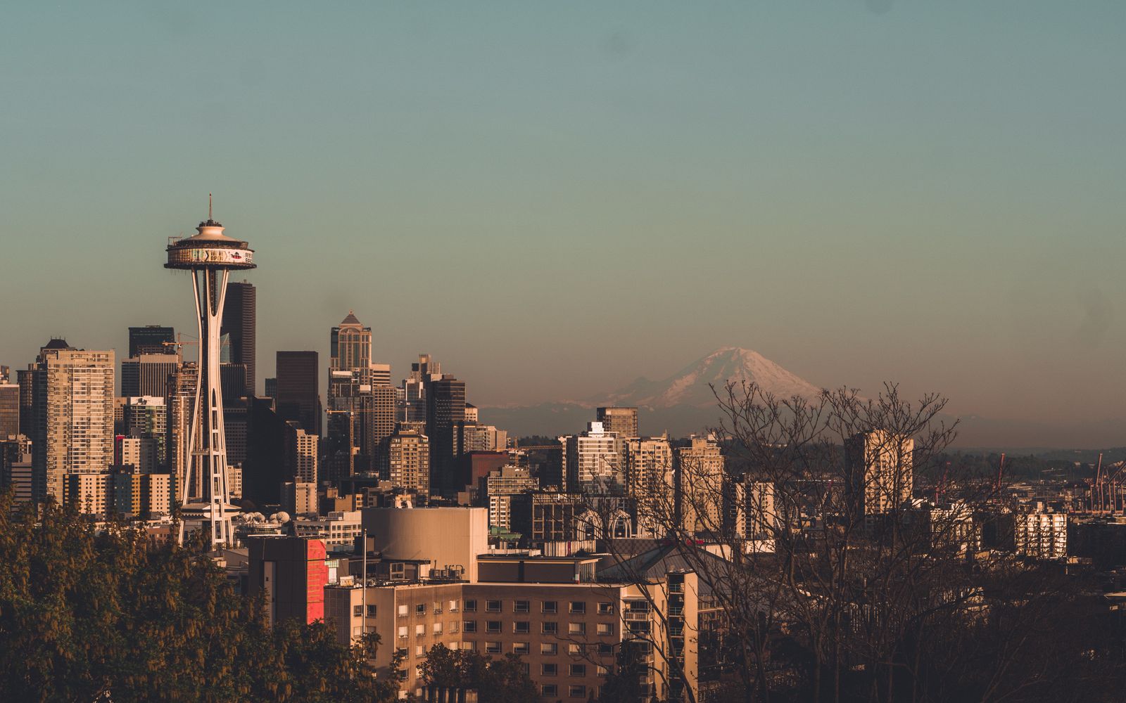 The Seattle skyline with the Space Needle and Mount Rainier